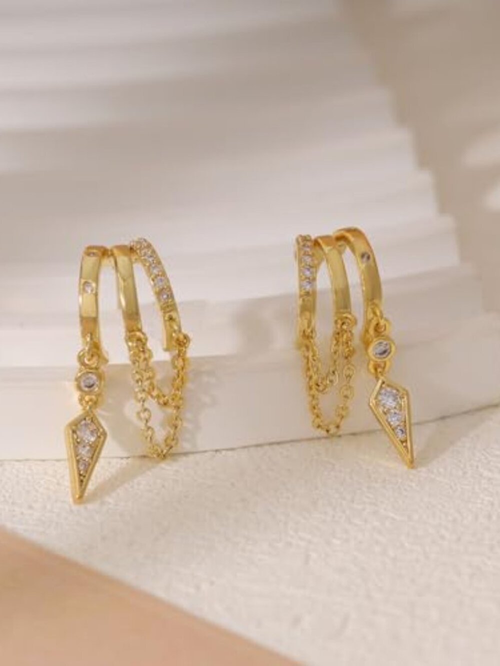 Dangle Ears for Women 14k Gold Plated Triple Hie Stud Ears Cute Statement Chain‎